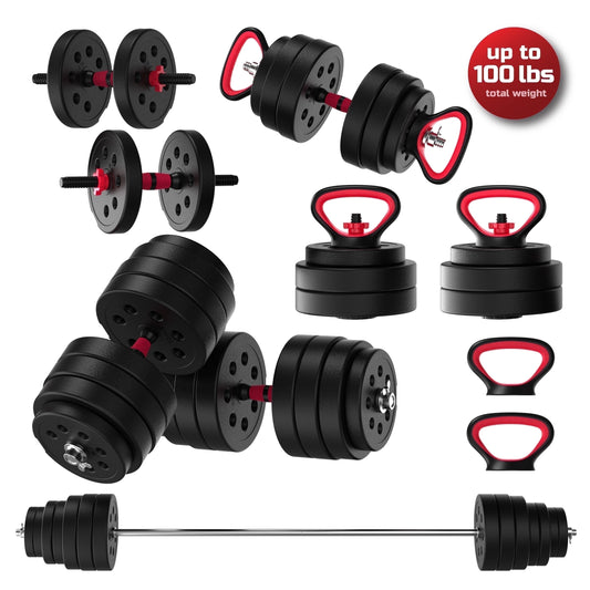 Smartbell Gym, 100Lbs. Adjustable Dumbbells, Kettlebells and Barbell Weight Set, Metal Barbell